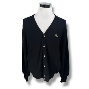 Vintage Izod Lacoste Cardigan Sweater Mens Large Black Orlon Acrylic USA 80s